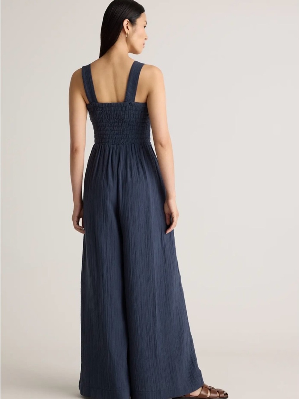 Quince Womens 100% Gauze Cotton Navy Smocked Wide-Leg Jumpsuit M - Picture 3 of 5